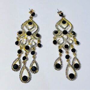 Gold and Black Rhinestone Chandelier Earrings